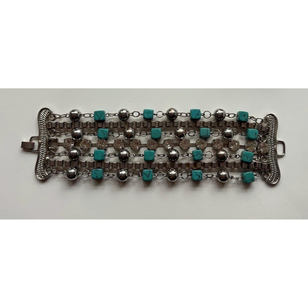 Vintage 7-Strand Turquoise and Crystal Statement Bracelet - Silver Tone